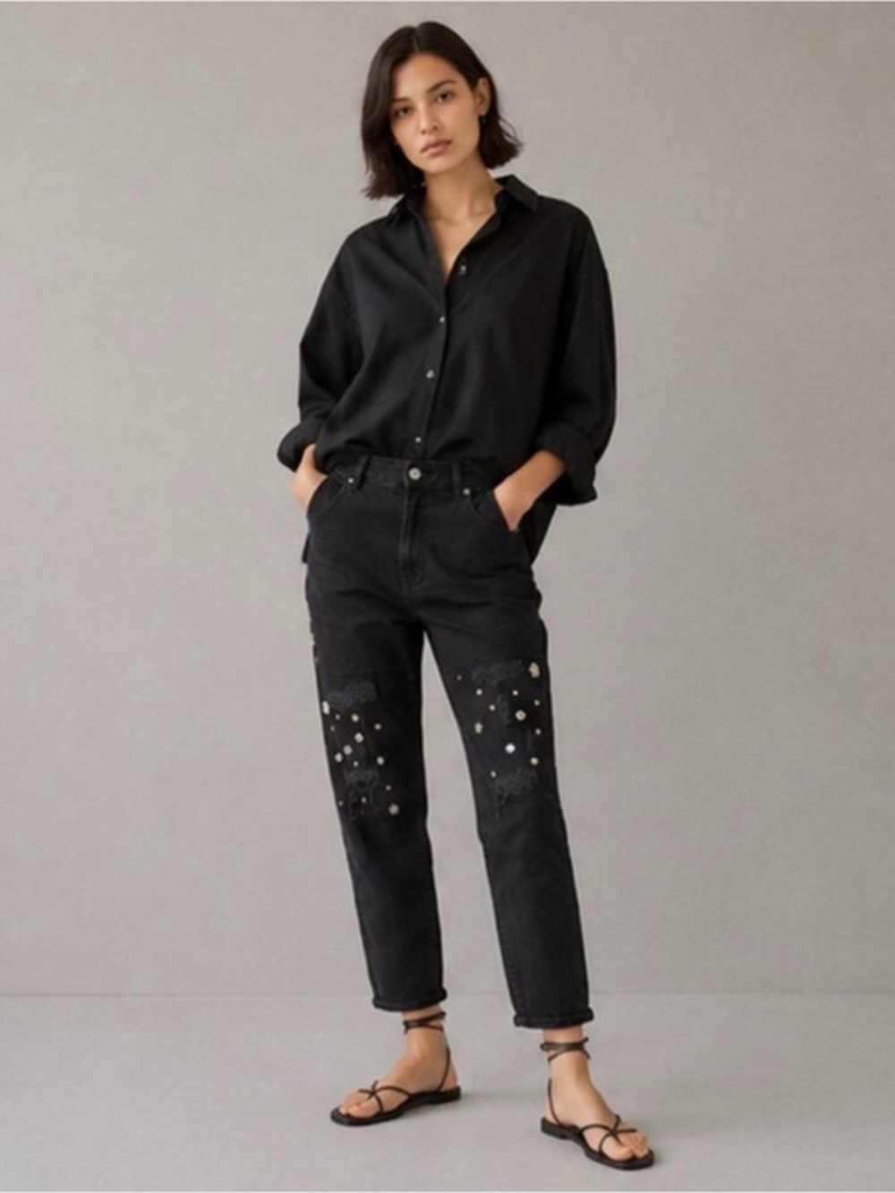 Sandro Paris Rudie Black Embellished Distressed Jeans Size 4 US 36 FR Rhinestone